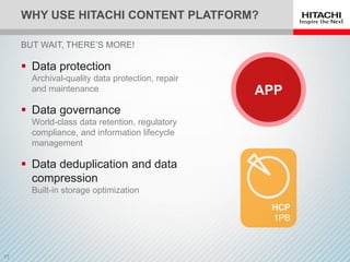 WHY USE HITACHI CONTENT PLATFORM?
 Data protection
Archival-quality data protection, repair
and maintenance
 Data governance
World-class data retention, regulatory
compliance, and information lifecycle
management
 Data deduplication and data
compression
Built-in storage optimization
BUT WAIT, THERE’S MORE!
APP
 