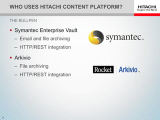 WHO USES HITACHI CONTENT PLATFORM?
 Symantec Enterprise Vault
‒ Email and file archiving
‒ HTTP/REST integration
 Arkivio
‒ File archiving
‒ HTTP/REST integration
THE BULLPEN
 