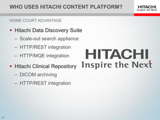 WHO USES HITACHI CONTENT PLATFORM?
 Hitachi Data Discovery Suite
‒ Scale-out search appliance
‒ HTTP/REST integration
‒ HTTP/MQE integration
 Hitachi Clinical Repository
‒ DICOM archiving
‒ HTTP/REST integration
HOME COURT ADVANTAGE
 