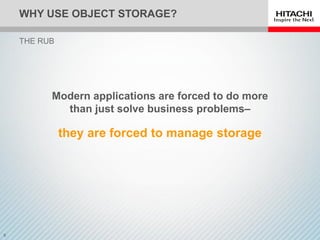 WHY USE OBJECT STORAGE?
THE RUB
they are forced to manage storage
Modern applications are forced to do more
than just solve business problems–
 