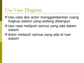 Use Case Diagram Use case dan actor menggambarkan ruang lingkup sistem yang sedang dibangun Use case meliputi semua yang ada dalam sistem Actor meliputi semua yang ada di luar sistem 