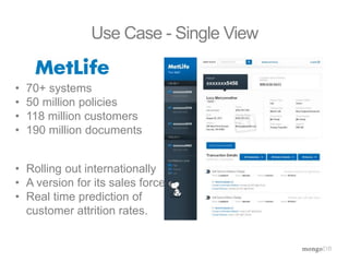 Use Case - Single View 
• 70+ systems 
• 50 million policies 
• 118 million customers 
• 190 million documents 
• Rolling out internationally 
• A version for its sales force 
• Real time prediction of 
customer attrition rates. 
 