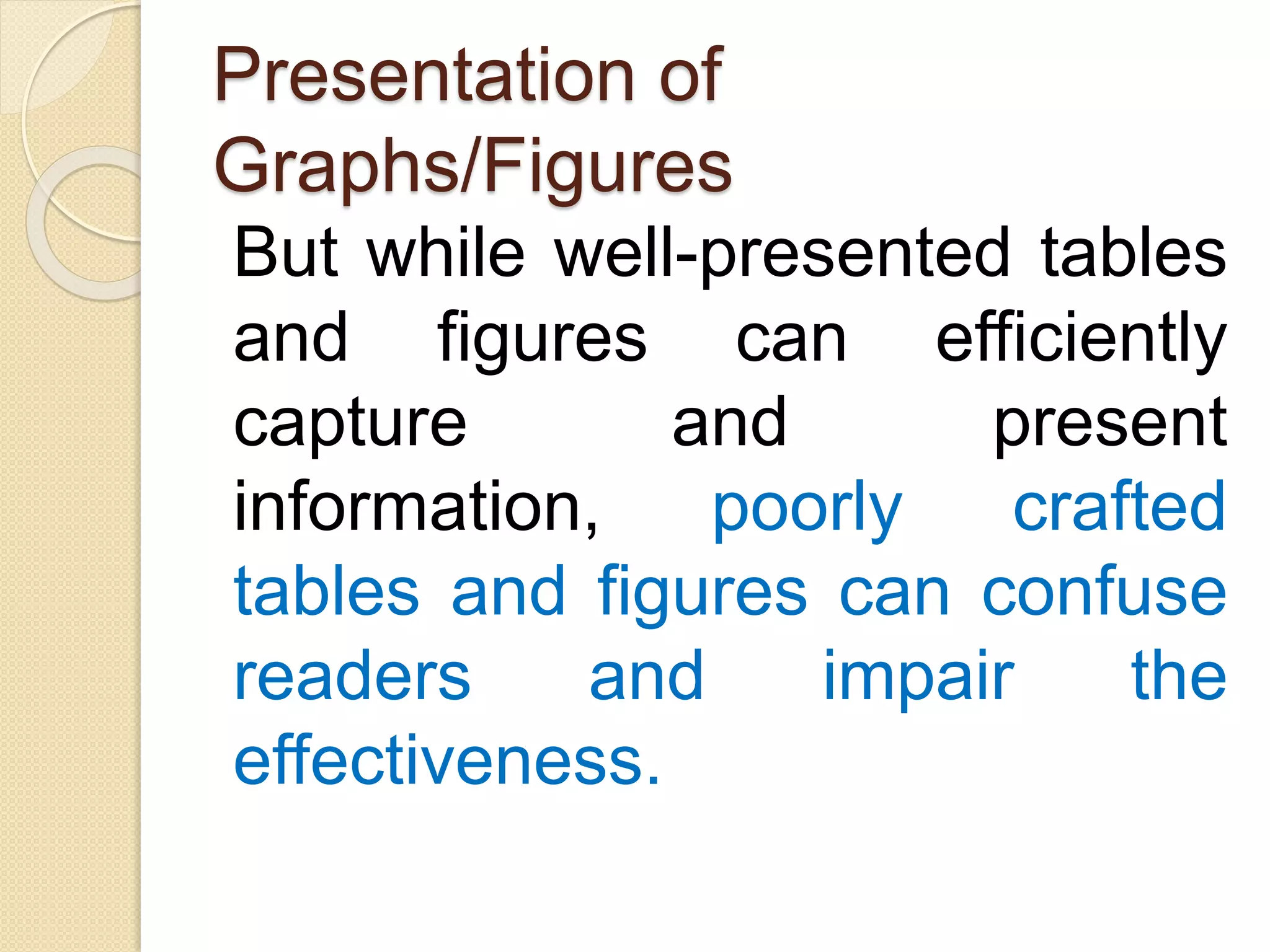 Presentation of
Graphs/Figures
But while well-presented tables
and figures can efficiently
capture and present
information, poorly crafted
tables and figures can confuse
readers and impair the
effectiveness.
 