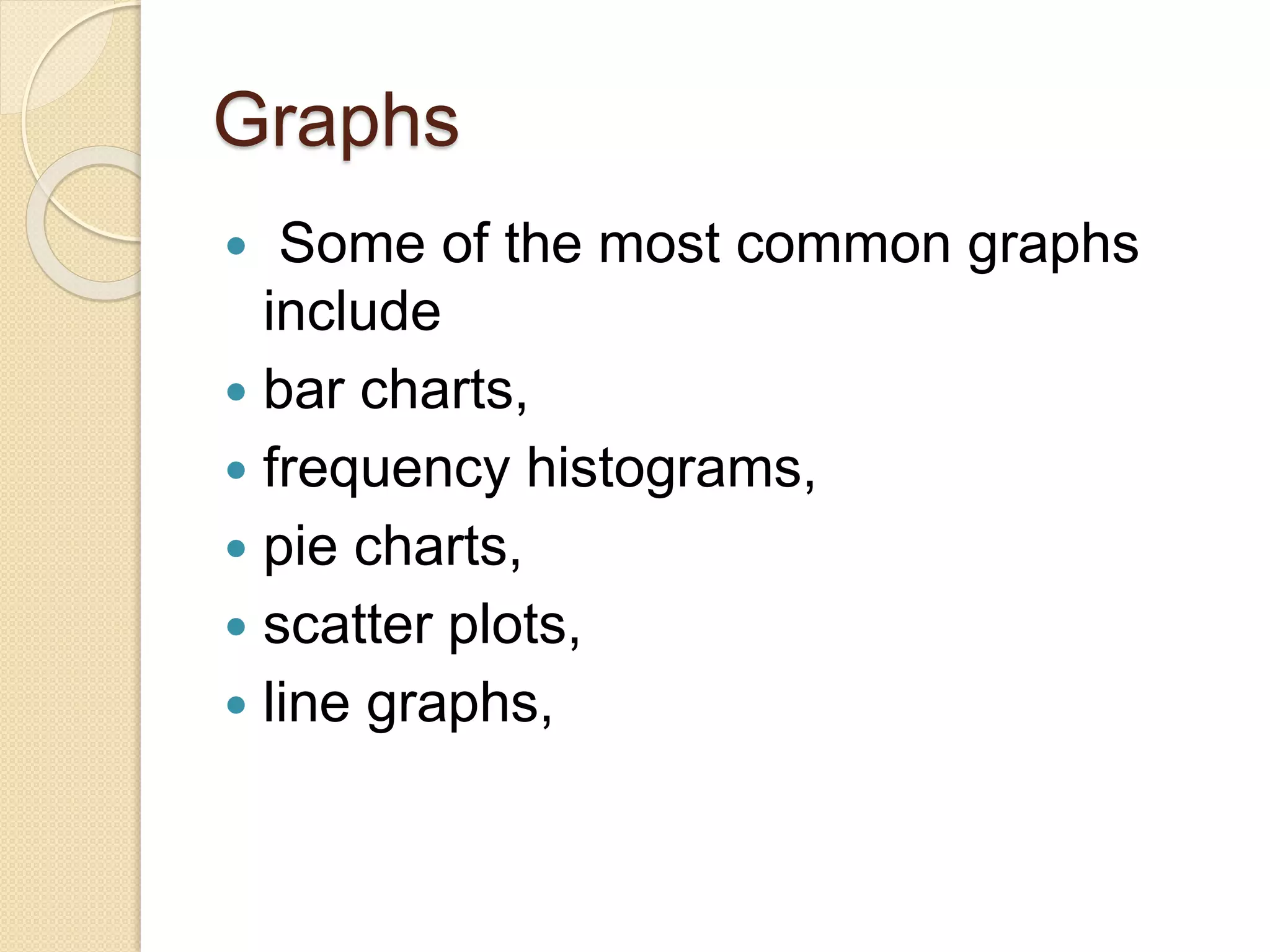 Graphs
 Some of the most common graphs
include
 bar charts,
 frequency histograms,
 pie charts,
 scatter plots,
 line graphs,
 
