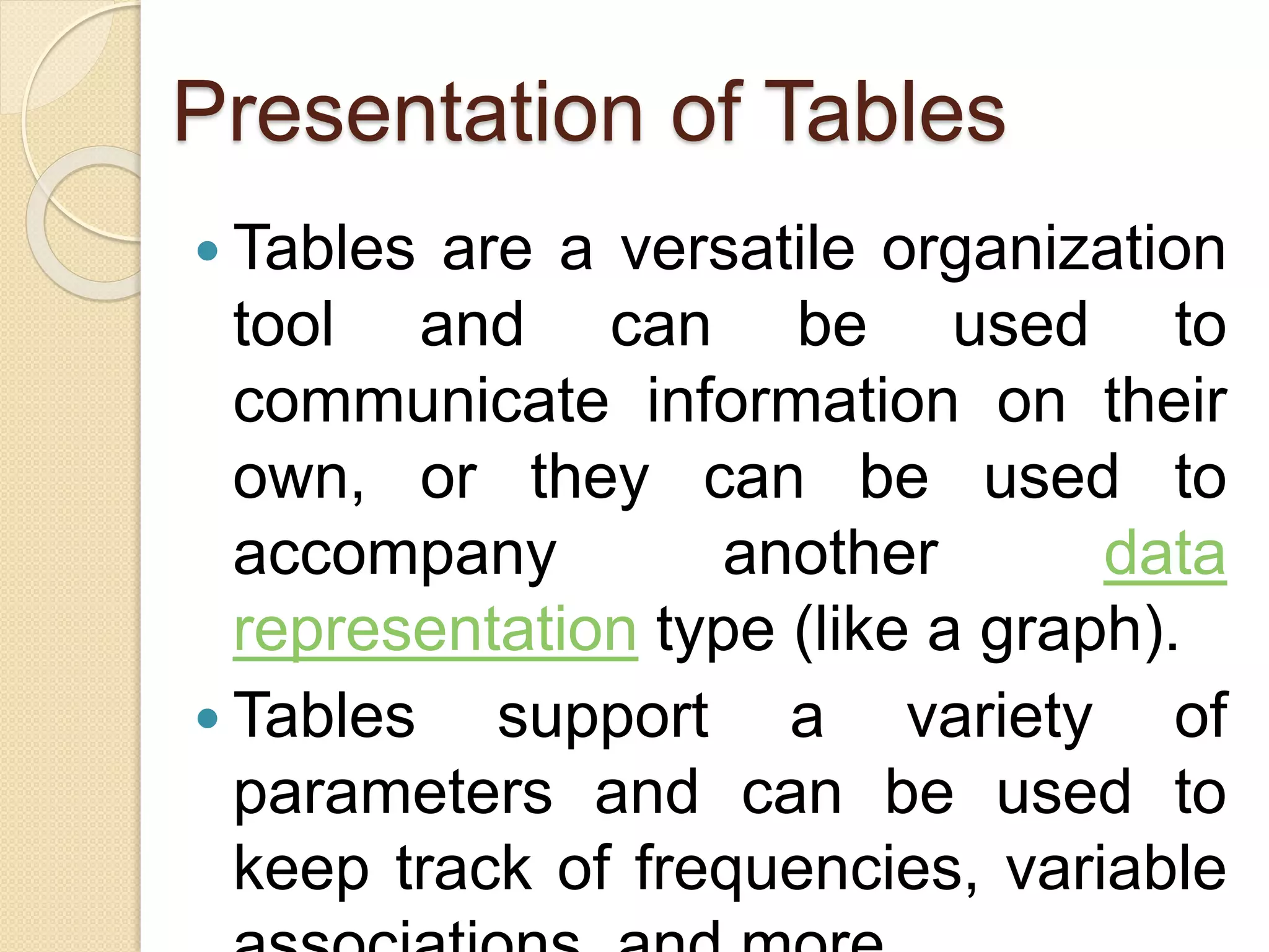Presentation of Tables
 Tables are a versatile organization
tool and can be used to
communicate information on their
own, or they can be used to
accompany another data
representation type (like a graph).
 Tables support a variety of
parameters and can be used to
keep track of frequencies, variable
 