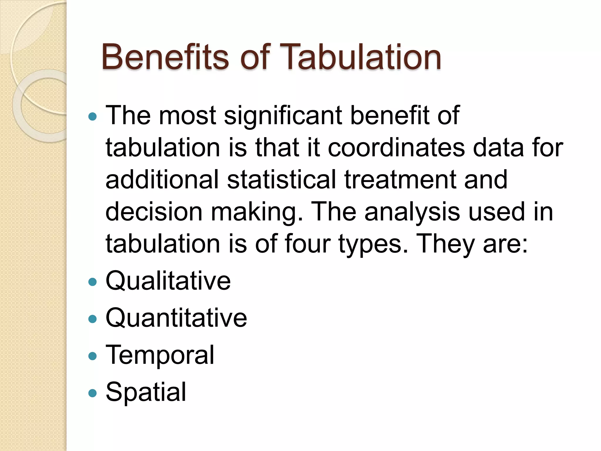 Benefits of Tabulation
 The most significant benefit of
tabulation is that it coordinates data for
additional statistical treatment and
decision making. The analysis used in
tabulation is of four types. They are:
 Qualitative
 Quantitative
 Temporal
 Spatial
 