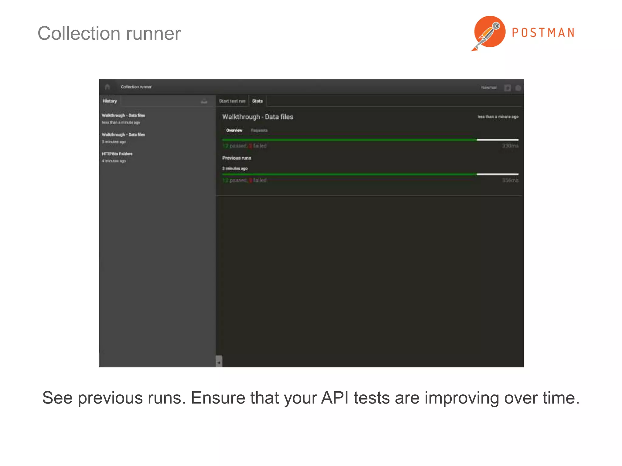 Collection runner 
See previous runs. Ensure that your API tests are improving over time. 
 