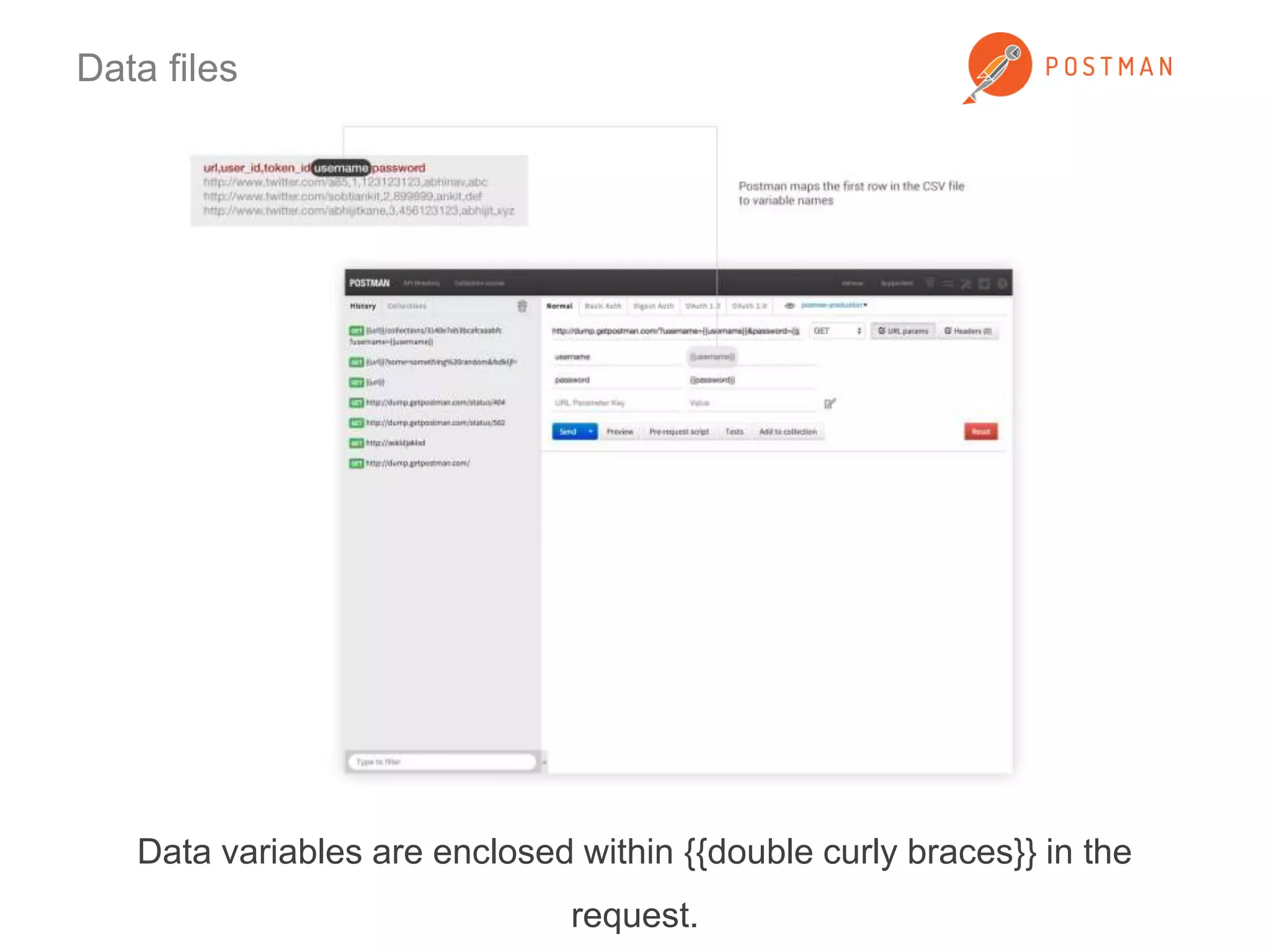 Data files 
Data variables are enclosed within {{double curly braces}} in the 
request. 
 