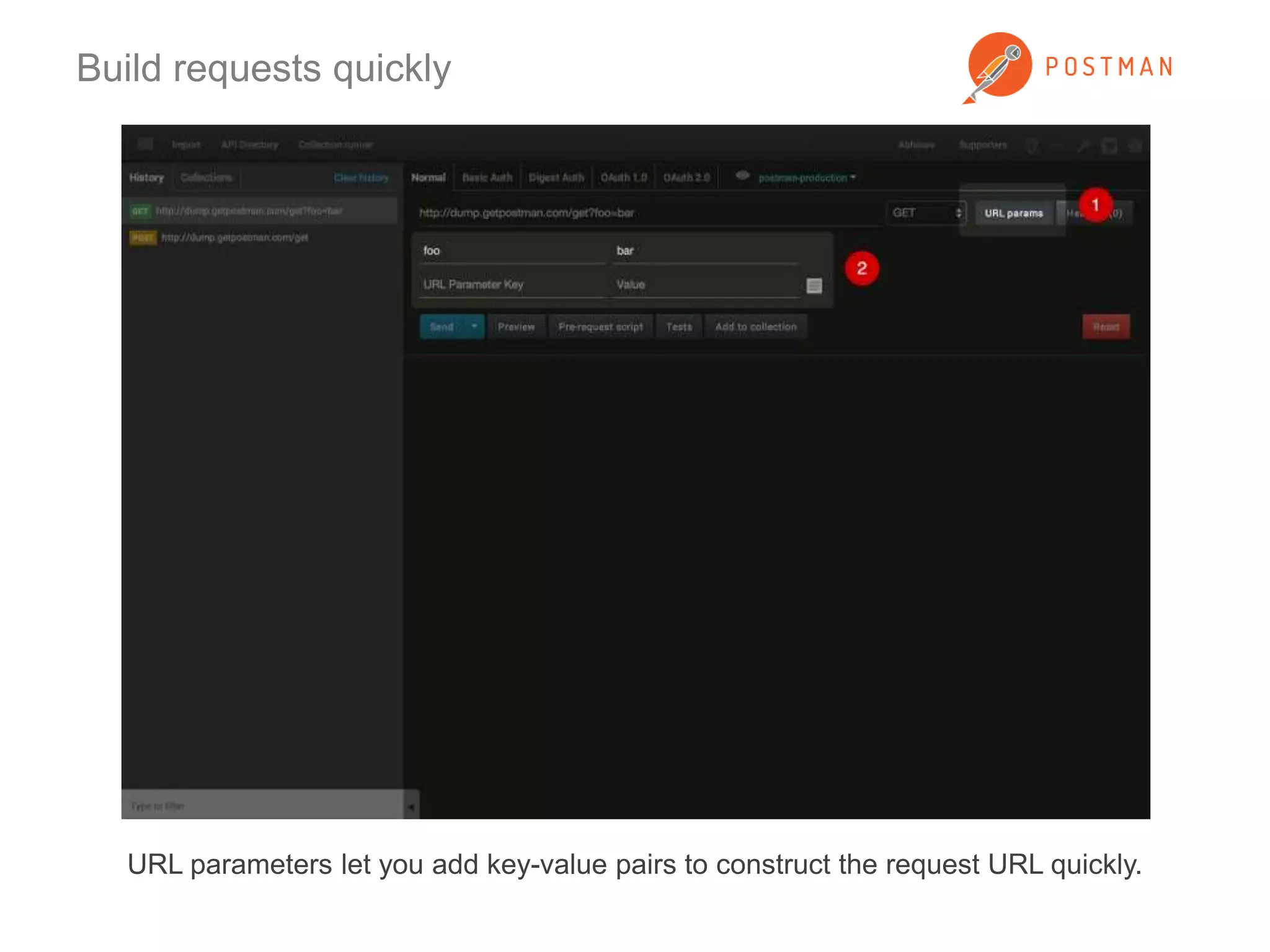 Build requests quickly 
URL parameters let you add key-value pairs to construct the request URL quickly. 
 