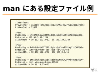 man ˤOե
[Interface]
PrivateKey = yAnz5TF+lXXJte14tji3zlMNq+hd2rYUIgJBgB3fBmk=
ListenPort = 51820
[Peer]
PublicKey = xTIBA5rboUvnH4htodjb6e697QjLERt1NAB4mZqp8Dg=
Endpoint = 192.95.5.67:1234
AllowedIPs = 10.192.122.3/32, 10.192.124.1/24
[Peer]
PublicKey = TrMvSoP4jYQlY6RIzBgbssQqY3vxI2Pi+y71lOWWXX0=
Endpoint = [2607:5300:60:6b0::c05f:543]:2468
AllowedIPs = 10.192.122.4/32, 192.168.0.0/16
[Peer]
PublicKey = gN65BkIKy1eCE9pP1wdc8ROUtkHLF2PfAqYdyYBz6EA=
Endpoint = test.wireguard.com:18981
AllowedIPs = 10.10.10.230/32
9/36
 