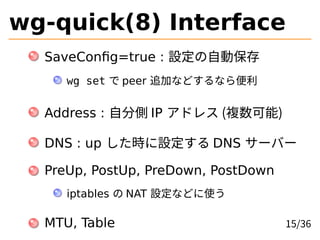 wg-quick(8) Interface
SaveConfig=true : OԄӱ
wg set  peer ׷Ӥʤɤʤ
Address : Էւ IP ɥ쥹 (})
DNS : up rO DNS `Щ`
PreUp, PostUp, PreDown, PostDown
iptables  NAT Oʤɤʹ
MTU, Table 15/36
 