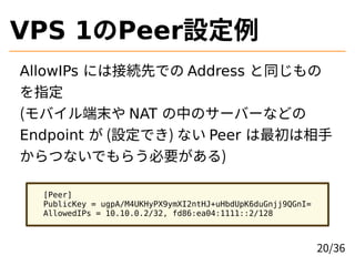VPS 1PeerO
AllowIPs ˤϽӾAȤǤ Address ͬ
ָ
(Хĩ NAT ФΥ`Щ`ʤɤ
Endpoint  (OǤ) ʤ Peer 
ĤʤǤ餦Ҫ)
[Peer]
PublicKey = ugpA/M4UKHyPX9ymXI2ntHJ+uHbdUpK6duGnjj9QGnI=
AllowedIPs = 10.10.0.2/32, fd86:ea04:1111::2/128
20/36
 
