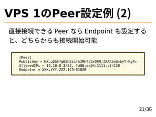 VPS 1PeerO (2)
ֱӽӾAǤ Peer ʤ Endpoint O
ȡɤ餫ӾA_ʼ
[Peer]
PublicKey = HXuu2SFfqOSN2iifw3Mh7J6rDRMjIXAR3wQvkyYrKyA=
AllowedIPs = 10.10.0.3/32, fd86:ea04:1111::3/128
Endpoint = XXX.YYY.ZZZ.123:51820
21/36
 