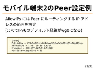 Хĩ2PeerO
AllowIPs ˤ Peer ˥`ƥ󥰤 IP 
쥹ιO
(::/0IPv6ΥǥեȽU·wg0ˤʤ)
[Peer]
PublicKey = 4TBu1wBKSvH/Bl14hyxSTq1AEx3mOTxiR5e7Vpd13ng=
AllowedIPs = ::/0, 10.10.0.0/24
Endpoint = XXX.YYY.ZZZ.111:51820
PersistentKeepAlive = 25
23/36
 