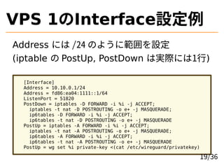 VPS 1のInterface設定例
Address には /24 のように範囲を設定
(iptable の PostUp, PostDown は実際には1行)
[Interface]
Address = 10.10.0.1/24
Addres...