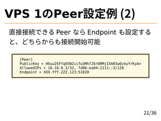VPS 1のPeer設定例 (2)
直接接続できる Peer なら Endpoint も設定する
と、どちらからも接続開始可能
[Peer]
PublicKey = HXuu2SFfqOSN2iifw3Mh7J6rDRMjIXAR3wQvkyY...