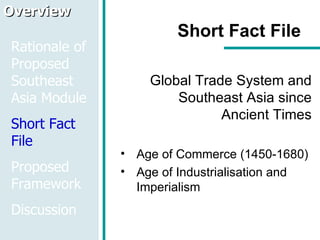 Short Fact File Global Trade System and Southeast Asia since Ancient Times Age of Commerce (1450-1680) Age of Industrialisation and Imperialism  Overview Rationale of Proposed Southeast Asia Module Short Fact File Proposed Framework Discussion 