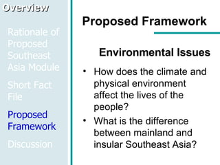 Proposed Framework Environmental Issues How does the climate and physical environment affect the lives of the people? What is the difference between mainland and insular Southeast Asia? Overview Rationale of Proposed Southeast Asia Module Short Fact File Proposed Framework Discussion 