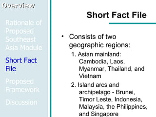 Short Fact File Consists of two geographic regions: 1. Asian mainland: Cambodia, Laos, Myanmar, Thailand, and Vietnam 2. Island arcs and archipelago - Brunei, Timor Leste, Indonesia, Malaysia, the Philippines, and Singapore Overview Rationale of Proposed Southeast Asia Module Short Fact File Proposed Framework Discussion 