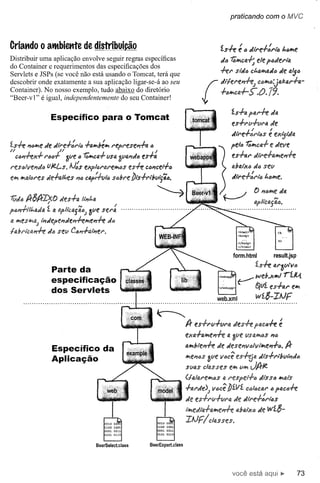 praticando com                 o MVC


Criat1do         O   atMbiettte de         distribui~o                                                   !s+e          é ti dlÍ"d:l"itJ        t.(JIr<f

Distribuir uma aplicação envolve seguir regras específicas                                               dtl t;Ir<Cfi.~
do Container e requerimentos das especificações dos
                                                                                                         +el" siiJó cI:'a.Ir<adóde
Servlets e JSPs (se você não está usando o Tomcat, terá que
descobrir onde exatamente a sua aplicação ligar-se-á ao seu
Container). No nosso exemplo, tudo abaixo do diretório                                                   +"Ir<ca-l-         S-.O.
"Beer -vI" é igual, independentemente do seu Container!
                                                                                             (dllel"f~J
                                                                                                                'Ís+a                  da
                      Específico para o Tomcat                                                                  es+I"I.I+vI"{J, lIle
                                                                                                                dlÍ"e-r,fjl"itJs e
                                                                                                                       1/        /

ís+e      l1ólr<f!de di'l'e+:l"iiJ    +aJi'lbélr<l"epl'f!:se~a    <:l                                          pe!tJ                   e
If        J               //                                            /
                                                                                                                 es+al'
      C6J'if"'eX+ I"Mi         alie ó 1;;Ir<ca+ lisa 1JlIfU1tlfJ
                                                               eS+a
l"esIJlvfl1dõ        fJJt.Ls. AJ:s exp!(Jl'ttl"f.Ir<(Js es+e c4I1ce4"(J                                          daixIJ       lIla set/
                                                                                                                 tlll"ef-:f'ltJ     t.(J~e,
telr<Ji'lQltJl"esJe+alt,es         '14 cap:+lIla sobl"e PiS+l"l!llll{ã(J.

                                                                            ~
1;;Jó A-8A-I>j.o des+a               hi1t.tJ.
p(ji1+lIt.aJn.       í. a o.pliélJ.{ãó; 3ve seI':
tJ.Ir<es~a; li1tlepe'1Je'1+e~ei1+e               Jó
Idl"ií::tJ.J1+e tllJ sell CIJW/-QIi1fl",



                                                                                                                                           result.jsp

                      Parte da                                                                                                            af'ôVlvt'J

                      especificação                                                                                    ~       wd.xIr<1
                                                                                                                                     es+1J.1"e~
                                                                                                                                               ríM.
                      dos Servlets                                                                   </webapp>



                                                                                                    web.xml                    wU;-IAlF


                                                                            ~
                                                                                     A- es.fl'v+vl"tJ.           tles+e pt4có+e é
                                                                                     exa.faJi'lt!I1+e a                    VStJ.Ji'l6S116
                                                                                     fJ.Ji'I!Ji'el1+e tlt!Sfl1l1d!Vllr<fl1+ó.
                                                                                                    tle                                          A-
                      Específico da
                      Aplicação                                                      Ir<el1"s 3ve                                 tllS+l"l!JVIi1tlt>
                                                                                     SVtJ.ScltJ.sses           f.Ir<   Vir<
                                                                                     (h,ItJ.l"eJi'llJs   t:l



                                                                                     +tJ.l"tle)J
                                                                                     de es.fl"v.fvl'{J,
                                                                                     llr<eJi'a.ffi.Ir<e~

                                                0010   00                            IAlFlda.sses.
                                                 100   1001
                                                0001   0011
                                                0101   0110


                                           BeerSelectclass        BeerExpert.class




                                                                                                                 você está                                73
 