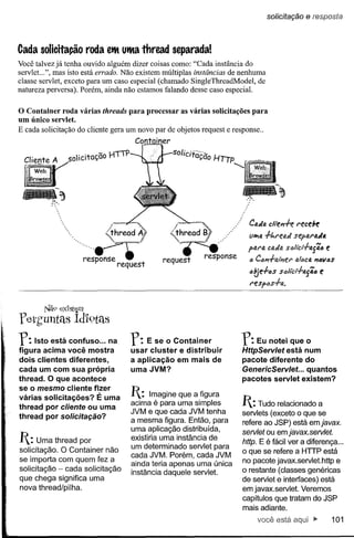 solicitação        e resposta


Cada solicitação roda etlt utMathread separada!
Você talvez já tenha ouvido alguém dizer coisas como: "Cada instância do
servlet...", mas isto está errado. Não existem múltiplas instâncias de nenhuma
classe servlet, exceto para um caso especial (chamado SingleThreadModel, de
natureza perversa). Porém, ainda não estamos falando desse caso especial.


o Container roda várias threads para processar as várias solicitações para
um único servlet.
E cada solicitação do cliente gera um novo par de objetos request e response ..
                                     Container

                                                 sotiCifõ.Çcro   Hn-p




                                                                          Cat1a     dte~-h f'€cebe
                                                                          1I1tlQ   +I.f'eaJ    Sf!p4f'at1o.

                                                                          pQ.f'a caJI! SlJli'ct·/-af'i4 e
                                                                          4   C4/'J+fJ1Pitf'   IJlifjCIJ.   /'J4V4$

                                                                          ótjff<JS sóll'ct+0-jã4 e
                                                                          t't!sf'cs+a.


        Nã9 ex'lst~m
f eth'untas Idl9tas
f:   Isto está confuso ... na
figura acima você mostra
                                   f:    E se o Container
                                    usar cluster e distribuir
                                                                        f:  Eu notei que o
                                                                        HttpServlet está num
dois clientes diferentes,           a aplicação em mais de              pacote diferente do
cada um com sua própria             uma JVM?                            GenericServlet... quantos
thread. O que acontece                                                  pacotes servlet existem?
se o mesmo cliente fizer
várias solicitações? É uma          1: Imagine que a figura
thread por cliente ou uma
                                    acima é para uma simples
                                    JVM e que cada JVM tenha
                                                                        1: Tudo relacionado a
thread por solicitação?                                                 servlets (exceto o que se
                                    a mesma figura. Então, para         refere ao JSP) está emjavax.
                                    uma aplicação distribuída,          servtet ou em javax.servlet.
1: Uma thread     por
                                    existiria uma instância de
                                    um determinado servlet para
                                                                        http. E é fácil ver a diferença ...
solicitação. O Container não                                            o que se refere a HTTP está
                                    cada JVM. Porém, cada JVM
se importa com quem fez a                                               no pacote javax.servlet.http e
                                    ainda teria apenas uma única
solicitação - cada solicitação      instância daquele servlet.          o restante (classes genéricas
que chega significa uma                                                 de servlet e interfaces) está
nova thread/pilha.                                                      em javax.servlet. Veremos
                                                                        capítulos que tratam do JSP
                                                                        mais adiante.
                                                                              você está aqui ~                    101
 
