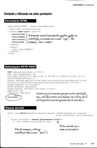 solicitação        e resposta


Etwiattdo e utilizattdo            UtMúttieo parâtMetro

Formulário HTML

   <form    method="POST"           action="SelectBeer.do">
     Select       beer   characteristics<p>
     <select       name="color"      size="l">


          <option>amber          o 6r()wser       el'llll"ar:    1I11D.
                                                                      tleS.f.D.S 1JlIfI..f.r6 6.Pcães 1'10.
          <option>brown                ./ ,.,
                                 S6IiCiT"lJ.jfJ.();D.SS()CI'"4tla   6
                                                                C611 I'I()lIe       U c616r IJ"• nu'
                                                                                                   D

       <option>dark
       <option>light         ~   eXell1lj>16;"C()IM' •• D.1I6erll•
     </select>
     <center>
        <input type="SUBMIT">
     </center>
   </form>




Solicitação HTTP POST
   POST    /advisor/SelectBeer.do           HTTP/l.l
   Host: www.wickedlysmart.com
   User-Agent:   Mozilla/5.0    (Macintosh; U; PPC Mac OS X Mach-O; en-US; rv:l.4)
   Gecko/20030624    Netscape/7.1
   Accept: text/xml,application/xml,application/xhtml+xml,text/htm1;q=O.9,text/
   plain;q=O.8,video/x-mng,    image/png, image/jpeg, image/gif ;q=O.2,*/*;q=O.1
   Accept-Language:    en-us,en;q=O.5
   Accept-Encoding:    gzip,deilate
   Accept-Charset:    ISO-8859-1,utf-8;q~O.7,*;q~O.7
   Keep-Alive:   300
   Connection:   keep-alive
                                            L.eIil'l6re-se;
                                                         "'"      é () 6r()wser      311e5eNJ. es.f.fJ. s6Ite,..f.fJ.{;()~ I
                                                                                                           ,
                                                   V6Ce 1'146
                                                            frects4           se fN!lJclIffJ.r          t'1I cri't;.-IfJ..JIiI'IfJ.S
                                                                                                                                    e
 Eor=~
                                            O,ss"iJ SlIe elfJ.se fD.rece 311fMUi6lIelil'l              "4   ser'lti:((Jr •••


 Classe servlet

   public       void   doPost(HttpServletRequest                 request,    HttpServletResponse                    response)
                                                                            throws IOException,                    ServletException

         String    colorParam      = request.getParameter(~color");

           //     mais   códigos    esclarecedores              aqui...      ~

                                                                                  Is.f.6     c6,-"cti:(e C61i1'1
                                                                                                              ()
                                                                                                               I
                                                                                  I'I()lIe /'I() flJrlllIlfJ.rii~




                                                                                                     você está aqui"                    119
 
