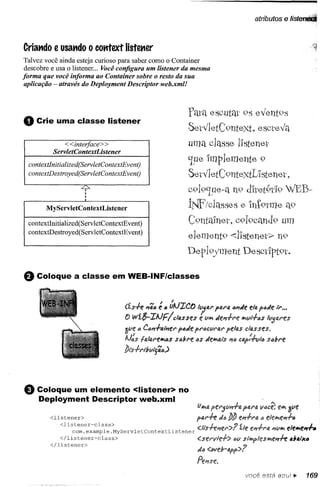 atributos e liste"


Criat1do e usat1do o cotttext          Iistet1er
 Talvez você ainda esteja curioso para saber como o Container
 descobre e usa o listener ... Você configura um listener da mesma
forma que você informa ao Container sobre o resto da sua
 aplicação - através do Deployment Descriptor web.xml!



                                                                 fatél escutat 9sevent9S
o    Crie uma classe listener
                                                                 SetVletC9ntext7 escteva
               <<interfaee> >                                    uma classe l1stenel"
           ServletContextListener

  eontextlnitialized(ServletContextEvent)                        'jpe lmplemente               º
  eontextDestroyed(ServletContextEvent)                          Setvle:tC9ntextLlstenet.
                      Li"
                       •
                       •                                         c919'Lue-an9 dltet9l"19 WEB-
                       •


        MyServletContextListener                                 t~íclasses  e lnt9tme a9
  contextInitialized(ServletContextEvent)                        C9ntéllnel", c919célnd9 um
  contextDestroyed(Serv letContextEvent)
                                                                 element9.
                                                                  1              < l::.'tenel">n9
                                                                                     10



                                                                 Depl9)'ment              Descl"lpt9l".

e Coloque a classe em WEB-INF/classes
                                                  "'"'   /   /
                                       (íSff l1a6 e 6 uAJIC{)      'tljai" paN. 411deela p"de          1"1"   •••




                                          wf.I;-IAJFlcllA.sses      e flJifldel1+l'f! Jiflfll+as Ifl5tJ.l'es
                                            Ó   C"I1+atl1f.i" p60le pi"ÓCflN.1'pe1u clfJ,sses.
                                            ttl,lli,i"eJifl6Ssobi"e as oleJifllJ.isI" ctJ.p{+fllas6~re
                                                                                  P

                                      blS+i"l~flijãa)




e    Coloque um elemento <Iistener> no
     Deployment Descriptor web.xml
                                                                   UJifltJ.          plJ.r. Vãct; e'Jifl 3f1e
                                                                         Pf!1'5f/11+tJ.
          <listener>                                               p(J,rff d@bb el1+ra if} elel'i';f!I1+6
              <listener-class>
                   com.example. MyServletContextListener
                                                                   <:.l" +e
                                                                     fS ~l1ei".
                                                                                >7    íl
                                                                                      e          I1f/Jifl e'''''e
                                                                                                        e
                                                                                                                    I   ,,+.~
              </listener-class>                                    <:sel'vle+> t>{,I s/~/esil'!e",ff     aba/xi!
          </listener>
                                                                   .lã




                                                                                           você está     BUU! ••         169
 