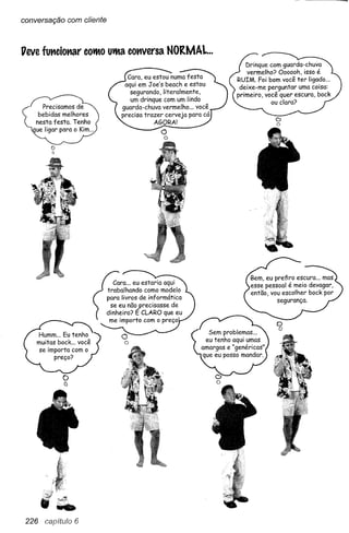 conversação com cliente



Ueve funcionar        COtMOutMa conversa        NORMAL ...
                                                                    Drinque com guarda-chuva
                                                                    vermelho? Oooooh, isso é
                                 Cara, eu estou numa festa
                                                                RUIM. Foi bom você ter ligado ...
                                aqui em Joe's beach e estou
                                                                 deixe-me perguntar uma coisa:
                                  segurando, literalmente,
                                                                primeiro, você quer escura, bock
                                  um drinque com um lindo                    ou clara?
                               guarda-chuva vermelho ... você
                               precisa trazer cerveja para cá                D
                                           AGORA!                            o
                                            O
                                             o
        o
        Q




            oCl




            ia.
 226              6
 