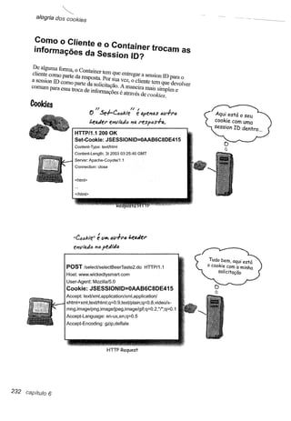 alegria dos cookies




        Como o Cliente e o Container trocam as
        informações da Session lO?

       De alguma fonua, o Container tem que entregar a session ID para o
       cliente como parte da resposta. Por sua vez, o cliente tem que devolver
       a session ID como parte da solicitação. A maneira mais simples e
       comum para essa troca de infonuações é através de cookies.
      Cooldes
                                                       n,
                                    f) H Se-l-c.lJIJl:te e apel1l1.S                        I.
                                                                                        FoI/rrl'''      Aqui está o seu
                                                                                                        cookie com uma
                                    t.eatiel' e"vl'4tic             114   I'f!SPOS';"4.
                                                                                                        session ID dentro ...
                          HTTP/1.1 ?~O0EKSSIONIO=OAAB6C80E415
                          Set·Cookle. JS
                          Content-Type:         text/html
                          Content-Length:         3t 2003 03:25:40        GMT
                          SelVer: Apache-Coyote/1.1
                          Connection:     close


                          <html>




                         "Có/;J:,"e"      é VI/f! IJV';"I'IJ t.eatier
                                        J>;tJ   petittllJ

                                                                                                      Tudo bem, aqui está
                      POST     /select/selectBeerTaste               2 .d o HTTP/1.1                 o cookie com a minha
                      Host: www.wickedlysmart.com                                                         solicitação


                      User-Agent:      Mozilla/5.0              _   AAB6C8DE415
                      Cookie: JSESSIONID-O                             ..
                                    r tion/xml                       apphcatlonl
                      Accept: text/xml,ap~           I:~    9 text/~lain;q=o.8,video/x-
                      xhtml+xml,textlhtml,q-
                      mng,image/png,image/Jpeg,lmage
                                             .. '.                        / 9 if'q=O.2,*I*;q=O.1
                                                                                 ,
                      Accept-Language:             en-us, en·q-O 5
                                                             ,-.
                      Accept-Encoding:            gzip,defiate




232 capítulo 6
 
