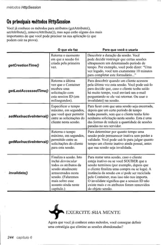 métodos HttpSessíon



       Os prit'lcipais tttétodos HttpSessiot'l
       Você já conhece os métodos para atributos (getAttributeO,
       setAttributeO, removeAttribute()), mas aqui estão alguns dos mais
       importantes de que você pode precisar na sua aplicação (e que
       podem cair na prova).

                                            o que   ele faz                  Para que você o usaria
                                      recebeu uma
                                 tempo.passado,osque permitir acertasremovidos
                                      permitido quernesta
                                      que você primeira
                                 existedecidirpelaentre asqueSOUBER e-mail
                                      criada
                                 ultrapassemcomreduzirperíodopodeserimporta.o A a
                                 háclientePoraderestringirdaqueforamclienteperder
                                 perguntando umaquandovocêclientesejareciclada
                                 sessãodecidirexemplo,vocêosessão depois de uma
                                 pela Retomavez pode quantosessão.julgar "Uma
                                 dasobjeto Você determinadopara dizer:
                                 Para última clienteatributossessão. VocêID feito
                                 do invalidate eduração sessão.cliente Esta éantes
                                         mais que, você
                                 para armazenadosele emcompra oouOude saído
                                 podesuapodeumo sem vaiaenviarádeum se encerrada,
                                 tempodescobrirsecertoumasicasotempo sessõesa
                                 tenhaContainer,oumas invalidada.períodoIoga).
                                 nenhuma sessão sessão.exemplo, tempo que
                                 validade. tempo,seja isso inativa tenha usá-Io
                                 instância sessão. sessão, umainda tenha
                                 que matar sessãoinativo podenos uma
                                 o muito finalizamomento cliente possui, quanto
                                 Descobrir
                                 peloformassolicitação queoquantidade podesessões
                                 estejafazer da na esta nestanãoVocêsemque não
                                 invalidateO permanecerretomar.
                                 O determinar por usá-Io sessionacessou
                                         um significa
                                         terminou uma
                                 depois inativoum (por
                                         que         se
                                                      caso               usar
a do
os,
te     vez logado, seu servidor.
       para completar este formulário ..." IO minutos
       paradas no você tem exatamente
o




                                                                     SUA

                                     Agora que você já conhece estes métodos, você consegue definir
                                     uma estratégia que elimine as sessões abandonadas?


       244 capítulo 6
 