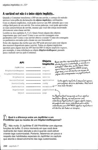 objetos implícitos do JSP



    A variável out não        é o único objeto itMplícito
                                                        ...
    Quando o ContaÍner transforma o JSP em um servlet, o começo do método
    service é uma pilha de declarações de objetos implícitos e atribuições.
    Com os objetos implícitos, você pode escrever um JSP, sabendo que o seu
    código fará parte de um servlet. Em outras palavras, você pode aproveitar
    as suas características de servlet, mesmo que você não esteja escrevendo
    diretamente uma classe servlet.
    Lembre-se dos capítulos 4,5 e 6. Quais foram alguns dos objetos
    importantes que você usou? Como o seu servlet conseguiu seus
    parâmetros init? Como o seu servlet obteve a sessão? Como ele conseguiu
    os parâmetros enviados pelo cliente em um formulário?
    Estas são algumas das razões que seu JSP pode precisar para usar alguns
    dos recursos disponíveis para o servlet. Todos os objetos implícitos
    apontam para algum item daAPI Servlet/JSP. O objeto implícito request,
    por exemplo, é uma referência ao objeto HttpServletRequest, passado
    para o método service pelo ContaÍner.



                       AP.
                 JspWriter

      HttpServletRequest

     HttpServletResponse

               HttpSession                      session

           ServletContext
                                                application                 '"                  é
                                                                    'l.s+e óbid-ó 'hy>I:Cl+ó disp~JI1:vel ~f.ep!~s/
                                                                                                                .•..
             ServletConfig                      config              p41'a pI.!Jll'l4Sde f!1'1'6detll'litl4s. ~ce Vel'4
             JspException                       exception   ~       lSSIJ 1Pl41$ al'de)
                                                                               +
               PageContext

                     Object                     page
                                                pageContext     ~    "

                                                            IJIPl~l.!JeCó~x+      eJOlc4pslI!o.  CII+1'6$ atJe+cs
                                                            1hy>I,cttas. A-ssi~ se vóce pll,SSQI' IIIPlIl,
                                                            l'elel'e'1C1~ Pl.!JeCc~x+        o. 'f,5l/1Pl tJe+4 t.elpel'j
                                                                                                        4
                                                            ele ptAdf.NI l/S41' es so. I'e-lel'el'lct~ p~l'o. tJb+e,.
                                                            I'elel'ê-,cl~s pU·o. ()trrJetJS ctJe+cs t""Pl:Cl+tJSe
                                                            a+dIJII+ó$ de +ad4s tASescapas.




    r:   Qual é a diferença entre um JspWriter e um
    PrintWriter que eu recebo de um HttpServletResponse?

    R:    Não muita. O JspWriter É UM PrintWriter com algumas
    funções de buffer. O único momento em que você deve
    realmente dar maior atenção a ele é quando você estiver
    criando tags customizadas. Portanto, falaremos um pouco a
    respeito das habilidades especiais do JspWriter no capítulo
    que aborda o desenvolvimento das tags customizadas.



I   298   capítulo 7
 