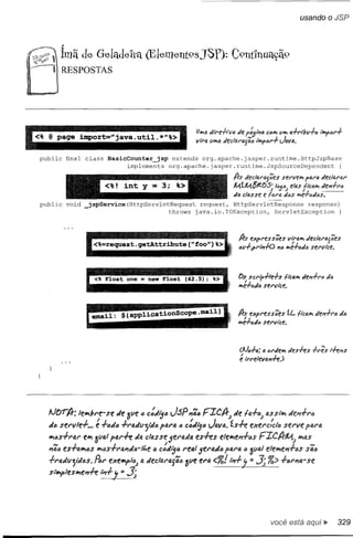 usando         o JSP


             ?

/) g'; ímã
 ~                   de Geüldeltq (Element9sJSY):                                    C9nt1nuqyã9
~            RESPOSTAS




                                                                                                  ;            CCh>1Ih>a+ribll+ó     'Ity>cr+
                                                                                                       '''''1>61'+ Javo..


    public       final class         BasicCounter_jsp           extends org.apache.jasper.runtime.HttpJspBase
                                           implements          org.apache.jasper.runtime.JspSourceDependent                                     {

                                                                                       /}s declara)';'!s
                                    <%! int       y =      3; %>                       X4.í.X4.8;e.f)5~
                                                                                       da classe      taNJ.f
    public       void _jspService(HttpServletRequest                      request, HttpServletResponse    response)
                                                throws                   java.io.IOException,   ServletException    {




                             <%=request.getAttribute(fffoo




                             <% F10at one = new Float                (42.5); %>          Os scrip+le+s       'tc4h> del1+r<> da
                                                                                         h>é-I-4d4 sel"vtce.




                            emai1:         ${app1icationscope.mai1}                      /}s express';es              ii- ·hclJ.h>deJOi+l'c dD
                                                                                         h>é+"d4 sel'viée.




                                                                                          (!J4+",: 4 ól'deh> des+es                +1"'&
                                                                                          é i"rl'elevll.l1+e,:;




      AJor/}:       Iflf<lbre-"se tle 3ve.,         c:tlijíJ   JSP    l171íJ ICIJr)
                                                                           F           tle Ia.+tl) iJ.$SIW!
      «4 sf!rvle+          •••   é +4«1J +ra«v-;ifJ.1J    paf'a C c:tlijlJ   Jo.v#.. l.s+e        exen:Ci"6
      If<IlJs+rO,f'   elf<l '/;V41    pa.f'ff   da elas se jef'ada       eSffs    elelf<lel1+lJs
      11711J
          es1-lJ.lf<ltJsIf<IfJs1-f'tJ.l1dtJ-It.f!.o e:JijtJ          real 5*=1'0.«6PQra      éI   '/;val

      1-f'e.tlv;ttl..,s.     PaI' eXf""'Pló) ti Jedaf'Qg71lJ 'tive ef'Q <.%II).;1-?               ••   3; %> 1-cN1frSe
      st""'P/fslf<le"ff           1i1f; ••3;                                              .


                                                                                                                você está              •.. 329
 