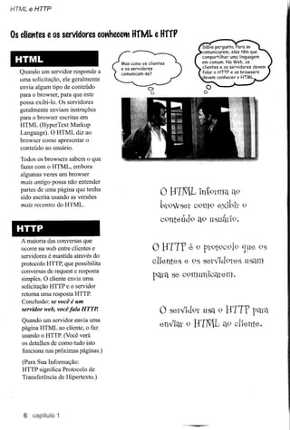 HTMLeHTTP



Os clietttes e os servidores conhecelt HfML e HffF


 HTML
  Quando um servidor responde a
  uma solicitação, ele geralmente
  envia algum tipo de conteúdo
  para o browser, para que este
  possa exibi-Io. Os servidores
  geralmente enviam instruções
  para o browser escritas em
  HTML (HyperText Markup
  Language). O HTML diz ao
  browser como apresentar o
  conteúdo ao usuário.

   Todos os browsers sabem o que
   fazer com o HTML, embora
   algumas vezes um browser
   mais antigo possa não entender
   partes de uma página que tenha
   sido escrita usando as versões
                                             o B1ML        Int9tma a9
   mais recentes do HTML.                    bt9"'vTset 9m9 e)Úblt 9
                                                       C
                                                    ;d       ;c
                                              c9nteU 9 a9 Usuatl9.
  HTTP
   A maioria das conversas que
   ocorre na web entre clientes e
   servidores é mantida através do
                                           o BTTP     é 9 pt9t9c919 'Lue 95
   protocolo HTTP, que possibilita         clIentes e 9S set""Id9tes usam
   conversas de request e resposta
   simples. O cliente envia uma            patq se C9munkatem.
   solicitação HTTP e o servidor
   retoma uma resposta HTTP.
   Conclusão: se você é um
   servidor web, você fala HTTR
                                             o set""ld9t USq9 BTTP pata
   Quando um servidor envia uma
   página HTML ao cliente, o faz
                                             en""'i!U' B1ML íW clIente.
                                                     9
   usando o HTTP. (Você verá
   os detalhes de como tudo isto
   funciona nas próximas páginas.)
   (Para Sua Informação:
   HTTP significa Protocolo de
   Transferência de Hipertexto.)




    6 capitulo 1
 