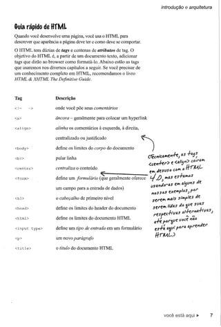 introdução e arquitetura



G-uia rápido de    HfML
Quando você desenvolve uma página, você usa o HTML para
descrever que aparência a página deve ter e como deve se comportar.
o HTML tem dúzias de tags e centenas de atributos de tag. O
objetivo do HTML é, a partir de um documento texto, adicionar
tags que dirão ao browser como formatá-Io. Abaixo estão as tags
que usaremos nos diversos capítulos a seguir. Se você precisar de
um conhecimento completo em HTML, recomendamos o livro
HTML & XHTML The Definitive Guide.



Tag                  Descrição

<!-      ~>          onde você põe seus comentários

<a>                  âncora - geralmente para colocar um hyperlink




                                                                      )
<align>              alinha os comentários à esquerda, à direita,

                      centralizado ou justificado

<body>                define os limites do corpo do documento

<br>                                                                      (1'éc/IliCQ.llle/ll+ej         Q.S
                     pular linha
                                                                          <.ce/ll+el'")        e <.aIi5/1l") Cf).II'f).1IIt
<center>              centraliza o conteúdo
                                               '"                          elll   fÀesustJ       ctJll'I a
<form>                define um formulário    (que geralmente   oferece    'i.0)          lIItas eS+Q.lllttJs
                                                                            uSQ./IlfÀtJ-as elllt
                     um campo para a entrada de dados)
                                                                            /IltJS StJS eXt!.l!'fi(JS;
<hl>                  o cabeçalho de primeiro nível                          sel'elllt     1t'141"$    sil!'fles    fÀt.
                                                                                              •                     StJ4S
<head>                define os limites do header do documento               st.l'elt'l     llilfJ.S

                                                                              l'espec+tv4S
<html>                define os limites do documento HTML                           /
                                                                              a.fé p61'ZUe
<input     type>      define um tipo de entrada em um formulário               es-ra asvl•
                                                                                   Il
<p>                   um novo parágrafo
                                                                                  IfrM~,)
<title>               o título do documento HTML




                                                                                          você está                           7
 