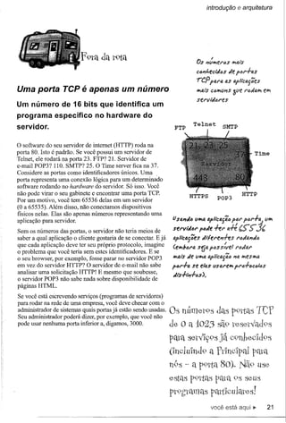 introdução      e arquitetura




                                                                                          ,
                                                                                 Os '7VIlflt!1"4S lIfI~i"$

                                                                                 c(mt.eeM"s          Je p61"+as

                                                                                 rcpparI),       tJ.Sapli"ctii;;t!s
Uma porta TCP é apenas um número                                                 IIfIfJ.I"$ llIIfIV'7S 3"e N,,:i8.11f1
                                                                                          C                         ellfl
                                                                                 St!I"VM4I"fS
Um número de 16 bits que identifica um
programa específico             no hardware do
                                                                             Telnet
servidor.

o software do seu servidor de intemet (HTTP) roda na
porta 80. Isto é padrão. Se você possui um servidor de                                                             Time
Telnet, ele rodará na porta 23. FTP? 21. Servidor de
e-mail POP3? 1l0. SMTP? 25. O Time server fica na 37.
Considere as portas como identificadores únicos. Uma .
porta representa uma conexão lógica para um determinado
                                                                                            110
software rodando no hardware do servidor. Só isso. Você
não pode virar o seu gabinete e encontrar uma porta TCP.
Por um motivo, você tem 65536 delas em um servidor
                                                                           HTTPS              POP3
(O a 65535). Além disso, não conectamos dispositivos
físicos nelas. Elas são apenas números representando uma
aplicação para servidor.                                          (J SfJ.'7Jtl   V"'IJ. apltefJ.S';(J
                                                                                                    1'41" p41"+a., li'"

Sem os números das portas, o servidor não teria meios de          S(!l"Vti/(Jf' ptlJe fff'           11.-#   'S-S-3(.
saber a qual aplicação o cliente gostaria de se conectar. E já    apli'ca{;;es      Jtfel"fl1ffs I       NultJ.I1JtJ
que cada aplicação deve ter seu próprio protocolo, imagine
                                                                  (e"'!?tlf'1J. S!jl), ptJS sl'lIel f'If:lJIJ.f'
o problema que você teria sem estes identificadores. E se
o seu browser, por exemplo, fosse parar no servidor POP3          11<4/"$ VII<4apltCf<f';6 111),
                                                                        Je                      II<es",~
em vez do servidor HTTP? O servidor de e-mail não sabe           P6f'+fJ. se elas VSIJ.N!1IfI
                                                                                           PI"(J+(Jc6ItJS
analisar uma solicitação HTTP! E mesmo que soubesse,              JI"$-h"'+tJS) •
o servidor POP3 não sabe nada sobre disponibilidade de
páginas HTML.
Se você está escrevendo serviços (programas de servidores)
para rodar na rede de uma empresa, você deve checar com o
administrador de sistemas quais portas já estão sendo usadas.
Seu administrador poderá dizer, por exemplo, que você não
                                                                 Os númet9s das p91tas
pode usar nenhuma porta inferior a, digamos, 3000.               de O a 10Z3 sã9
                                                                               o;    1  0d
                                                                 pata ser" lÇ95ja C9hneCl 9S
                                                                                    TO



                                                                 (Inclu'iud9 a -PrIncIpalpélta
                                                                 h9S - a p9tta 80)$ Nã9 use
                                                                 estflS p9ttas                         9S sen ti
                                                                 pt9h"tamas pattlculates!
                                                                                          você está                     21
 