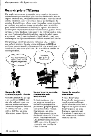 o mapeamento      URLS para senl/ets



Uttt servlet pode ter fRÊS notttes
Um servlet tem um nome do caminho para o arquivo, obviamente,
como classes/registrationlSignUpServlet.class     (um caminho para um
arquivo de classe real). O legítimo desenvolvedor da classe do servlet
escolhe o nome da classe (e o nome do pacote que define parte da
estrutura de diretórios), e o local no servidor define o nome completo
do caminho. Mas qualquer pessoa que distribua o servlet também
pode atribuir a ele um nome de distribuição especial. Um nome de
distribuição é simplesmente um nome interno secreto, que não precisa
ser igual ao nome da classe ou do arquivo. Ele pode ser igual ao nome
da classe (registration.SignUpServlet)    ou o caminho relativo para
o arquivo da classe (classes/registrationlSignUpServlet.class),  mas
também pode ser algo completamente diferente (como EnrollServlet).
Pra terminar, o servlet tem um nome público de URL - O nome
que o cliente conhece. Ou seja, o nome codificado no HTML de
modo que, quando o usuário clicar em um link, que se supõe que vá
àquele servlet, este nome público de URL é enviado ao servidor na
solicitação HTTP.




                                                 ()
                                                  o




Nome da URL                         Nome interno secreto                 Nome do arquivo
conhecido pelo cliente              conhecido pelo                       verdadeiro
                                    distribuidor
O cliente vê uma URL que liga                                            A classe do servlet do
a um servlet (no HTML), mas         O distribuidor pode criar            desenvolvedor tem um nome
não sabe realmente como esse        um nome que somente seja             completamente qualificado,
nome de servlet mapeia para         conhecido apenas por ele e           que inclui os nomes da classe e
verdadeiros arquivos e diretórios   pelos outros que participam da       do pacote. O arquivo de classe
de volta ao servidor. O nome        área operacional de verdade.         do servlet possui um nome
público de URL é um nome            Este também é um nome                de arquivo e caminho real,
falso, criado para os clientes.     falso, criado somente para a         dependendo de onde o pacote
                                    distribuição do servlet. Ele não     com a estrutura de diretórios
                                    precisa coincidir nem com a          resida no servidor.
                                    URL pública usada pelo cliente,
                                    NEM com o nome do arquivo
                                    verdadeiro ou o caminho da
                                    classe do servlet.

46 capítulo 2
 