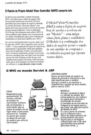 o padrão de design MVC


    o Padrão de Projeto Model~View~ComrollerMVc) cot1serta isto
                                           (

    Se Bob tivesse entendido o padrão de design
    MVC, ele saberia que a lógica de negócio não
    deveria estar inserida em um servlet. Ele teria
    percebido que com a lógica de negócio embutida        o M9del*VleW*C9ntt91let
    no servlet, ele ficaria "em maus lençóis" caso
    algum dia tivesse que acessar o serviço de encontro   (MVC) tet1tél él 1991célde neg9c19
    de uma maneira diferente. Como na aplicação           t9tél d9 set"let e él 09190élem
    GUI Swing. Nós falaremos mais sobre o MVC (e
    outros padrões) mais adiante, mas você precisa de     um ~~M9de19" - umél éllrt'lgél
    um rápido entendimento agora, pois o tutorial que
    construímos no final deste capítulo usa o MVC.        délSseJél"él, plqnél e teutJ'l1zá"e1.
    Se você já está familiarizado com ele, então você     O lVl9de19 é él 09mblnélyã9 d9S
~      sabe que o MVC não é específico para servlets
    e JSPs - a clara separação da lógica de negócio da    déld9S de neg9c19 (09m9 9 e5téld9
    apresentação é igualmente válida para qualquer
    outro tipo de aplicação. Porém, com aplicações
                                                          de um 0éltt1nb9 de 09mptéls) e
    web é realmente importante, porque você nunca         95 mét9d95 (tegtél5) 'Lue 9tetélm
     deveria considerar que sua lógica será acessada
     apenas da web! Estamos certos de que você            nesses déld9S.
     trabalha neste negócio há tempo suficiente para
     saber que a única garantia em desenvolvimento
     de software é: a especijicação sempre muda.


     o MVC no mundo Servlet                               & JSP
                                                              CONTROLADOR
                                                              Retira da solicitação do usuário OS
                                                              dados de entrada e interpreta o que
                                                              eles significam para o modelo.
                                                              Obriga o modelo a se atualizar e
                                                              disponibiliza o estado do novo modelo
                                                              para a view (o JSP).

     VIEW                                                              MODELO

     Responsável pela                                                  e o estadoverdadeira lógica
                                                                       Abriga a do modelo. Em
     apresentação. Ela                                                 outras palavras, ele conhece
     recebe o estado
     do modelo do                                                      as regras para obtenção e
                                                                       atualização do estado.
     Controlador (embora                                               O conteúdo de um Carrinho de
     não diretamente; o                                                Coml?ras (e as regras sobre o
     Controlador põe os                                                que fazer com isso) seria parte
     dados do modelo em um         Vlew                                qo Modelo no MVC.
     lugar onde a View possa                                           E a única parte do sistema
     encontrá-Io). Também                                              que se comunica com o
     é a parte que recebe                                              banco de dados (embora ele
     os dados de entrada                                               provavelmente use outro
     do usuário que volta ao                                           objeto para a verdadeira
     Controlador.                                                      comunicação com o DB, mas
                                                                       guardaremos este padrão
                                                                       para mais tarde ...).

     54 capítulo 2
 
