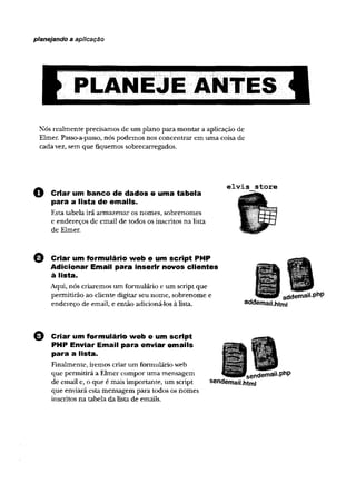 planejando a aplicação
PLANEJE ANTES
Nós realmente precisamos de um plano para montar a aplicação de
Elmer. Passo-a-passo, nós podemos nos concentrar em uma coisa de
cada vez, sem que fiquemos sobrecarregados.
Criar um banco de dados e uma tabela
para a lista de emails.
Esta tabela irá armazenar os nomes, sobrenomes
e endereços de email de todos os inscritos na lista
de Elmer.
elvis store
O Criar um formulário web e um script PHP
Adicionar Email para inserir novos clientes
à lista.
Aqui, nós criaremos um formulário e um script que
permitirão ao cliente digitar seu nome, sobrenome e
endereço de email, e então adicioná-los à lista. addemail.html
O Criar um formulário web e um script
PHP Enviar Email para enviar emails
para a lista.
Finalmente, iremos criar um formulário web
que permitirá a Elmer compor uma mensagem
de email e, o que é mais importante, um script
que enviará esta mensagem para todos os nomes
inscritos na tabela da lista de emails.
'sendemail.php
sendemail.html
 