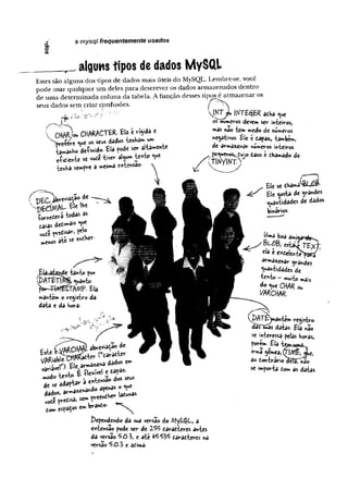 &
<
A
s mysql frequentemente usados
alguns tipos de dados MySQL
Estes são alguns dos tipos de dados mais úteis do MySQL. Lembre-se, você
pode usar qualquer um deles para descrever os dados armazenados dentro
de uma determinada coluna da tabela. A função desses tipos é armazenar os
seus dados sem criar,cpnfusões.
f f
Vcttm»CHARACTER. Ela €rí^da t
preíére ^ue os seus dados íenbam w*
íamanh© deíinido. Ela pode sev aliamen'te
eíidienie se voíe ^ivet- al^um ix%bo <
^«
e
iehhâ sempre a mesma exèensao.
p E C ,> e v 'a ^ °^ c
lKe
Wctcv-á W ôs
tasas defr«*»* T e
vote prediz» ?*‘0
jde ian-to for
ID A TÍTM V3nto
p.eu
man'tem o registro da
daía e da hora-
/
MRCHMj abreviação de
^R iô b le ^^fl^a tie r (Varadter
variavel"). Efe^armâjyina dados em
modo •texto- E -flexível e dapaz.
de se adaftâv a extensa© dos seus
dadosj arma^na^do apenas o *^*e
vote predisâ; sem preendKer ladunas
dom espaços em brando-
JNT^ IKTSÇBR asK
an
u
e
olTnumeros devem sev hvteíros,
mas na© "tem medo de números
ne$a£iv©s. Eje e dapaz-, também,
de âvmárenôr números mteivos
, çe^enos^dwjo daso é dhamado de
‘TfX//(X/-T
Dependendo da sua versão do My£$L, a
extensa© pode ser de Z55 darad-teres anies
da versão 5.0.3, e a-te darad-teres ná
versa© 5 e adima.
Ele se fib a m a ^i3 -
Ele $osta * ^andes
quantidades de dados
binários-
Uma boa am)0
<
BLOB, esid^TB^Kl
cia é exdelen-te
í "
armazienar grandes
<wa«-tidades de
"texto —murt© mais
do <^e O iM ou
VMOMR-
(PATEVan-tém registro
dâTsías datas. Ela não
se interessa pilas boras,
porem- ESa itjt
. ? A
nrma jemea,
3o dontrario tíe(á> «3o
se importa dom as datas
 