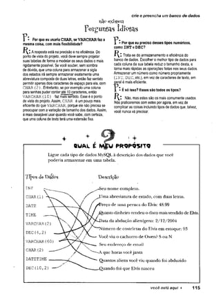 crie e preencha um banco de dados
nq.9 existem
perguntas Idiptas
1 - Por que eu usaria CHAR, se V A R C H A R faz a
mesma coisa, com mais flexibilidade?
A resposta está na precisão e na eficiência. Do
ponto de vista do projeto, você deve sempre projetar
suas tabelas de forma a modelar os seus dados o mais
rigidamente possível. Se você souber, sem sombra
de dúvida, que uma coluna para armazenar a sigla
dos estados irá sempre armazenar exatamente uma
abreviatura composta de duas letras, então faz sentido
permitir apenas dois caracteres de espaço para ela, com
CHAR { 2). Entretartto, se por exemplo uma coluna
para senhas puder conter até 10 caracteres, então
VARCHAR (10) faz mais sentido. Esse é o ponto
de vista do projeto. Assim, CHAR é um pouco mais
eficiente do que VARCHAR, porque ele não precisa se
preocupar com a variação de tamanho dos dados. Assim,
é mais desejável usar quando você sabe, com certeza,
que uma coluna de texto terá uma extensão fixa.
1 - Por que eu preciso desses tipos numéricos,
como IN T e D E C ?
Trata-se do armazenamento e eficiência do
banco de dados. Escolher o melhor tipo de dados para
cada coluna da sua tabela reduz o tamanho desta, e
torna mais rápidas as operações feitas nos seus dados.
Armazenar um número como número propriamente
(INT, DEC, etc.), em vez de caracteres de texto, em
geral é mais eficiente.
f É só isso? Esses são todos os tipos?
Não, mas estes são os mais comumente usados.
Nós praticaremos com estes por agora, em vez de
complicar as coisas incluindo tipos de dados que, talvez,
você nunca vá precisar.
VARCHAR(60)
CHAR(2
)
DATETIME
DEC (10,2)
U P R 9 P Q 5 ÍT Q
Ligue cada tipo de dados MySQL à descrição dos dados que você
poderia armazenar em uma tabela.
Desctiçãp
,,-Seu nome completo.
ma abreviatura de estado, com duas letras,
reço de uma peruca do Elvis: 48.99
J^uanto dinheiro rendeu o disco mais vendido de Elvis.
ata da abdução alienígena: 2/12/2004
Número de costeletas do Elvis em estoque: 93
Você viu o cachorro de Owen? S ou N
Seu en d ereço d e em ail
que horas você janta
Quantos aliens você viu quando foi abduzido
uando foi que Elvis nasceu
você está aqui ► 115
 