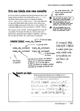 crie e preencha um banco de dados
Crie sua tabela com uma consulta
Já temos todos os pedaços de que precisamos para criar
nossa tabela, inclusive um bom nome (email_list).
Também temos nomes para as colunas de dados:
first_name, last_name e email. Só o que falta são
os tipos de dados para cada coluna, bem como uma
instrução SQL parajuntar tudo isso e criar a tabela. O
comando SQL para criar sua tabela é CREATE TABLE.
Ele começa com CREATE TABLE seguido do nome da
sua tabela. Os nomes de todas as colunas vem entre
parênteses, separados por vírgula e seguidos, cada um,
de um tipo de dados. Eis como seria o comando:
Si», a'mda estamos a^ui.» »as
estamos «uase prontos fa^a
vLf seguir adiante-
Q Crie um banco de dados e uma
V tabela para a lista de emails.
Q Crie uni formulário web e um
script PHP "Adicionar Email" para
adicionar novos clientes à lista.
0 Crie um;formulário web e um
script PHP "Enviar Email" para,
enviar umemail para a lista.
kT 0 nomt da tabela
m J È Ê Ê A nome_da_tat,ela
0 nome da dolu^a
)
nome_da_colunal t±po_da_colunal,
nome_da_coluna2 t±po_da_coluna2,
K y 0 tipo de dados
da Coluna
/o à wao predisa nomear suas tabelas e
doluwas do» um undersdore separando
as palavras, mas c uma boa ideia se
rna«ter dohsistente em relaçao a «ual«uer
donver^âo de nomearão <ue dedidir usar-

Mais doiunâs,
se «edessario
0 c o m a n d o S Q L
C R E A T E T A B L E
é u s a d p p a ta <jue
seja cilada uma
nWatabela era
um banco de
dados.
Aponte seu lápis
Escreva uma query SQL para criar a tabela email_
list de Elmer com as três colunas de dados requeridas:
first n
a
i
t
i
e
,last name e email.
CÍ€flu.e..
.....V A R c M ft f e íâ
h . s : L ^ à ... V ô A Q m £ © p 1 .
&r.sãi.
—
-J-
■
■
■
/......
você está aqui ► 117
 