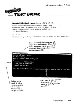 T fe S T O R fV G ------------------------------
crie e preencha um banco de dados
;
.v
Execute USE primeiro para depois criar a tabela.
Execute a consulta USE em uma ferramenta MySQL, para
selecionar o banco de dados elvis_store de Elmer e depois
execute a query CREATE TABLE para criar a tabela email_
l i s t dentro do banco.
USE elvis_store
CREATE TABLE email list (first name VARCHAR(20) , last_name VARCHAR (20) ,email VARCHAR(60) )
A instrvção USE *ao « «efiessaria daso vod£
esteja usando uma -ferramenta S ^L 9
™ -«da,
fcomo o fbfMyAdm'm - nesse daso, vote ira
selecionar o bando ^raiitamehte, antes de
emitir os tomáwiw ■
I File Edit W indovj/^elp LisaMarie
mysql> USE elvis_store;
Database changed
mysql> CREATE TABLE email list
(
first__name VARCHAR(20) ,
last_name VARCHAR(20),
email VARCHAR(60)
Your SQL query has been executed successfully (Query took 0.4481 sec)
A
0 código para a
triaça© da tabela
e o mesmo de antes
—só era prefiiso
seletionâr o bando
para que -fuhdionasse.
Com o bando de dados seledionado
atrâves do dom3ndo USE, a
triaiac da tabela, a^ora, edorre
sew. problemas-
você está aqui ► 121
 