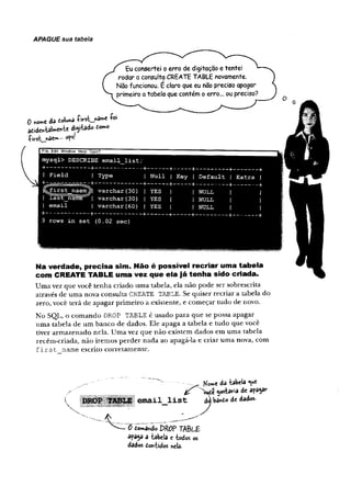 APAGUE sua tabela
Eu consertei o erro de digitação e tentei
rodar a consulta CREATE TABLE novamente.
Não funcionou. E claro que eu não preciso apagar
primeiro a tabela que contém o erro... ou preciso?
o «we da cota*
dWtado f°"">
- °?s-
rTií^EdíM/Tindow Heíp Typo?
mysql> DESCRIBE email_list;
+------------ I------- “ -----
Field I Null 1 Key | Default | Extra |
f
^first naem))l varchar{30) | YES | | NULL |
[ last__riam? | varchar(30) | YES | j NULL |
I email | varchar(60) j YES | | NULL |
3 rows in set (0.02 sec)
Na verdade, precisa sim. Não é possível recriar uma tabela
com CREATE TABLE uma vez que ela já tenha sido criada.
U m a vez q u e você te n h a criado u m a tabela, ela n ão p o d e ser sobrescrita
através de u m a nova co n su lta CREATE TABLE. Se q u iser rec ria r a ta b ela do
zero, você te rá d e ap ag ar p rim e iro a existente, e co m eçar tu d o de novo.
N o SQL, o c o m an d o DROP TABLE é u sad o p a ra q u e se possa ap a g ar
u m a ta b ela d e u m b an c o d e dados. E le ap a g a a ta b e la e tu d o q u e você
tiver a rm a ze n ad o n ela. U m a vez q u e n ão ex istem d ad o s em u m a tab ela
recém -criad a, n ão irem o s p e rd e r n a d a ao apagá-la e criar u m a nova, com
f i r s t nam e escrito co rre ta m e n te .
e m a il l i s t
h W da -tabela e
gostaria de apagar
ba*do de dados-
0 d o m a n d o PRO? T A B U E
âfaga a 'tabela c bodos os
dados doivfcicics nela.
 