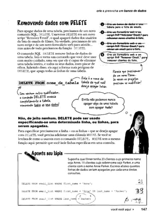 crie e preencha um banco de dados
Removendo dados com PEIETE
Para apagar dados de uma tabela, precisamos de um novo
comando SQL, DELETE. Usaremos DELETE em um novo
script “Remover Email”, o qual apagará dados dos usuários
da lista de emails de Elmer. Na verdade, precisamos de um
novo script e de um novo formulário web para ativá-lo...
mas antes de tudo precisamos da função DELETE.
O comando SQL DELETE remove linhas de dados de
uma tabela. Isto o toma um comando que você deve usar
com muito cuidado, uma vez que ele é capaz de eliminar
uma tabela inteira, e todos os seus dados, num piscar de
olhos. Sabendo disso, eis aqui a forma mais perigosa de
DELETE, que apaga todas as linhas de uma tabela.
-grtc tim-bonco de dodói e uma
tabela para a lista de emails.
eitviop om-ewõil-parq-qHtstq.
Crie umformulário web e um
script PHP "Remover Email," parc
remover clientes da lista.
o no*»»e dê
nome da tabela tsbclâ da <
^
u
a
l v
<
?
d
<
r
— “ deseja apagar linhas.
Se«» nenKum outro ^ualifidador, _
_ S
o domâindo esvazia i — ~ ^
to » p le w te a tabela, Entoo nao podemos nunca
vCn,ov»do S 5SS à ie ! ( apagar algo de uma tabela
^ sem apagar tudo?
Não, de jeito nenhum. DELETE pode ser usado
especificando-se uma determinada linha, ou linhas, para
serem apagadas.
Para especificar precisamente a linha - ou as linhas - que se deseja apagar
com DELETE, você precisa adicionar uma cláusula WHERE. Se você se
lembra de como a usamos com o comando SELECT, WHERE tem a mesma
função aqui: permitir que você isole linhas específicas em uma consulta.
Parede «ue predisai*o$
de um wovo Passo...
às vezes os projetos
prédisant se mod»f*dar/
[~ ^Aponte seu lápis
Suponha que Elmer tenha 23 clientes cujo primeiro nome
seja Anne, 11 clientes cujo sobrenome seja Parker, e uma
cliente com o nome Anne Parker. Escreva abaixo quantas
linhas de dados seriam apagadas por cada uma destas
consultas.
1 1
DELETE'FROM email list WHERE first name - ’
Anne’; .....
DELETE FROM email_list WHERE first_name = 'Anne' OR last_name = 'Parker';
DELETE FROM email list WHERE last namS = Parker; j /S /— i
i
—
■ P
você está aqui ► 147
 