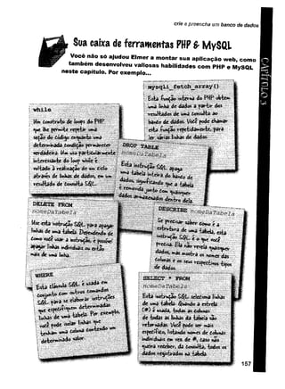crie e preencha um banco de dados
Sua caixa deferramentas PHP £ MySQL
Você não só ajudou Elmer a montar sua aplicação web, como
também desenvolveu valiosas habilidades com PHP e MySQL
neste capítulo. Por exemplo...
157
c
a
p
ítu
lo
3
 