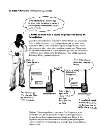 os dados do formulário continuam desaparecidos
O novo formulário é melhor, mas
eu ainda tenho de refazer o que eu já
havia digitado corretamente, o que é
muito irritante.
O HTML sozinho não é capaz de preservar dados de
formulários.
Quando Elmer submete o formulário Enviar Email com um campo
vazio, o script se n d e m a il.php captura o erro e gera um novo
formulário. Mas o novo formulário é puro código HTML, o qual
não tem como saber nada sobre quaisquer dados que Elmer possa
ter digitado anteriormente. Assim, estamos gerando um formulário
totalmente novo, como parte da validação, o que apaga quaisquer
dados que Elmer possa ter digitado
Pados «ue
Elmer diyfcou «o
íomulâTto-
Eli«er adidentalmente
dci*ou este dampo em
brando-
Esta mehsa^e*« de
erro sivfovma á Elmer
*|ue ele dei*ou um
dampo em brando.
sendemail.html
Iodos OS dâmpos
a$©ra estã<
vazios, porque
este e um
íorrrulav-io fcO
V
O
em íolWa
sendemail.php
0 -formulário t submeti
ao sdript sendemail.pbp
^uândo Elmer dlida no
botao Submit Submete
Péssimo. Não conseguimos contornar o fato de que um novo
formulário terá de ser gerado no script PHP. Nos precisamos
de uma forma de preservar quaisquer dados que Elmerjá tiver
digitando, colocando-os no novo formulário para que ele possa
se concentrar em preencher apenas o campo que acidentalmente
deixou vazio...
 