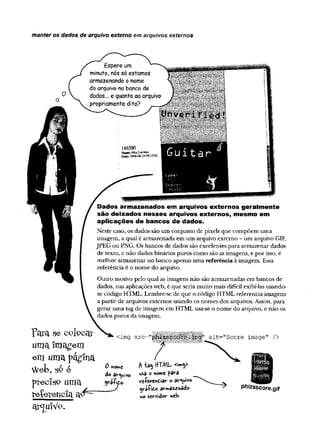manter os dados de arquivo externo em arquivos externos
Dados armazenados em arquivos externos geralmente
são deixados nesses arquivos externos, mesmo em
aplicações de bancos de dados.
Neste caso, os dados são um conjunto de pixels que com põem um a
imagem, a qual é arm azenada em um arquivo externo - um arquivo GIF,
JPEG ou PNG. Os bancos de dados são excelentes para arm azenar dados
de texto, e não dados binários puros com o são as imagens, e por isso, é
m elhor arm azenar no banco apenas um a referênciaà imagem. Essa
referência é o nom e do arquivo.
O utro motivo pelo qual as imagens não são annazenadas em bancos de
dados, nas aplicações web, é que seria m uito mais difícil exibí-las usando*
se código HTML. Lembre-se de que o código HTML referencia imagens
a partir de arquivos externos usando os nomes dos arquivos. Assim, para
gerar um a tag de imagem em HTML usa-se o nom e do arquivo, e não os
dados puros da imagem.
Telia se colpocií
u rna im a g e m
em uma página
Wet>7 SP é
precísp uma
r e f e r e n c i a a ^ ~
ar^ u íV p .
< im g s r c = '
0 nome
do arquivo
$ ráfy 0.
a l t = " S c o r e im a g e " / >
A -ta $ H T M L - < im $>
usa o nome para
referenciar o arquivo
^ráfito armazenado
no servidor web.
Phizsscore.gif
 