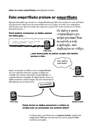 dados em scripts compartilhados com arquivos include
Pados compartilhados precisam ser compartilhados
Q u an d o têm dados q u e devam ser com partilhados p o r diferentes scripts em um a aplicação,
você precisa d e u m a fo rm a de arm azená-los em um só lugar, de o n d e cada script possa
obtê-los p ara uso. Mas isso ain d a n ão resp o n d e a questão de o n d e e x a ta m en te os dados
devem ser postos,..?
Você poderia arm azenar os dados apenas
em index.php...
// Defina a
. constante do carrinho da upload
define{1G
WU
P
L
O
A
.D
P
A
T
H
' , 'images/');
Os dad°s a serem
c p r a p a t t i l t a d p s p p t
scripts precisam íicat
acessíVels at°da
a aplicaçãp, sem
d u p lic a ç õ e s tiP c ó d ig o ,
index.php
...mas desse jeito os outros scripts não teriam
acesso a eles.
Assim, arm azen ar os dados a serem co m partilhados
em um script n ão fu n cio n a, p o rq u e os dados n a
verdade n ão estarão m ais sendo com partilhados. A
resposta está em conseguir, de algum m odo, to rn a r os
dados acessíveis a vários scripts, m as sem arm azená-los
d iretam en te em n e n h u m deles.
- @
addscore.php
index.php addscore.php
Como tornar os dados acessíveis a ambos os
scripts sem os arm azenar em nenhum deles?
A solução p ara o p ro b lem a são os arquivos include, arquivos de
código-fonte PH P q u e são inseridos em outros arquivos PH P
co nform e necessário.
 