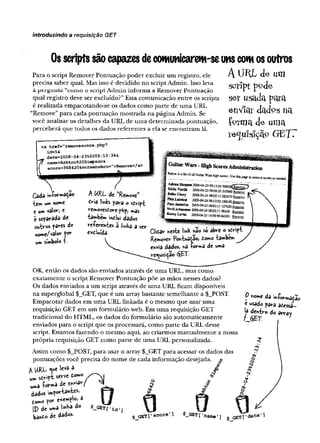 introduzindo a requisição GET
Osscriptssãocapazesdecomunicarem-seunscomosoutros
A URL de um
scriptp^de
ser usa<Japata
enviar dadps na
í°rma de uma
r e ^ u ls iç ã ^ G E T T
Para o script Remover Pontuação poder excluir um registro, ele
precisa saber qual. Mas isso é decidido no script Admin. Isso leva
à pergunta “com o o script Admin informa a Remover Pontuação
qual registro deve ser excluído?”Essa comunicação entre os scripts
é realizada empacotando-se os dados como parte de uma URL
“Remove”para cada pontuação mostrada na página Admin. Se
você analisar os detalhes da URL de uma determinada pontuação,
perceberá que todos os dados referentes a ela se encontram lá.
Cada m-Çormaçao
tem w
rv
>nomC
t um valor, e
e separada de
outros pares de
nome/valov ^or
um símbolo ?
■
A URL de K
RemoveM
Cria links para o script
removesCore.php, ^às
tambem inclui dados
reíerentes à linha a ser
excluída-
Guitar Wars - High Scores Administration
i imm-X 09:13:3435g42(f K ^ n ..........
2«MM3«MMas3«SOtSíVJ
200MM*(»:l3aBigíS
»aB(HB 
Wahâns™ JOOWHMoMttn98430 Haw»
aa»OM31*OM[»««» SaaaB
Clicar neste link nao só abre o sír]
Remover PontuaWo, Como tambem
envia dados, na íorma de uma
requisição éj£T-
OK, então os dados são enviados através de uma URL, mas como
exatamente o script Remover Pontuação põe as mãos nesses dados?
Os dados enviados a um script através de uma URL ficam disponíveis
na superglobal $_GET, que é um array bastante semelhante a $_POST.
Empacotar dados em uma URL linkada é o mesmo que usar uma
requisição GET em um formulário web. Em uma requisição GET
tradicional do HTML, os dados do formulário são automaticamente
enviados para o script que os processará, como parte da URL desse
script. Estamos fazendo o mesmo aqui, ao criarmos manualmente a nossa
própria requisição GET como parte de uma URL personalizada.
Assim como $_POST, para usar o array $_GET para acessar os dados das
pontuações você precisa do nome de cada informação desejada.
URU que leva 3 /
umscript serve C o m o ^
£orma de envia*/ Ml
o nome da ih&rmacao
e usado para acessa-
array
umâ
dados mportânteS)
 