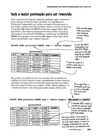 trabalhando com dados armazenados em arquivos
Isole a maior pontuapão para ser removida
Com o processo de remoção explicado, podemos agora concentrar
nossa atenção no lado do banco de dados. O script Remover
Pontuação é responsável por excluir um registro de pontuação, o
que implica excluir uma linha do banco. Como você deve se lembrar,
a instrução SQL DELETE FROM nos permite apagar linhas. Mas,
para fazê-lo, precisamos primeiramente achar a linha. Isso é feito
colocando-se uma cláusula WHERE na consulta que usa DELETE
FROM. Por exemplo, esta consulta SQL apaga a linha cuja coluna
name está definida como 'Ashton Simpson':
DELETE FROM guitarwars WHERE name = 'Ashton Simpson'
g u i t a r w a r s
iHOWí n n w
1 2008-04-22 14:37:34 Paco Jastorius 127650
2 2008-04-2221:27:54 Nevil Johansson 98430
3 2008-04-23 09:06:35 Eddie Vanilli 345900
4 2008-04-23 09:12:53 Belita Chevy /282470
5 2008-04-23 09:13:34 C-Ashton Simpson ^
4^— 'm
.
368420
6 2008-04-23 14:09:50 Kenny Lavitz 64930
7 2008-04-2408:13:52 PhizLairston 186580 phizsscore.gif
Esta Consulta apaga
ImHas cuja coluna
name ContenHa
o texto ’Ashton
Simpson.
0 nome da tabela
é obvi^atário tom
DéLéTB FROM, ^
para que a instruça«
saiba de que tabela
vote esta apagando
dados.
0 home do usuário e o
drrfcerio usado para se
apajar a pontuação.
Há, porém, um problema com esta consulta. Em um mundo de
milhões de Guitar Warriors, existe a possibilidade de haver mais de
um Ashton Simpson. Esta consulta não apaga somente uma linha,
ela exclui todas as linhas que tenham o nome 'Ashton Simpson'. A
consulta precisa de mais informações para apagar a linha certa:
DELETE FROM guitarwars MIERE name = 1
Ashton Simpson '
Ao se esjcúiíidar a
powtuaçaoJunto Com
— o nome, a operação
f íica muito mais
 predisa.
g u i t a r w a r s
iliül! ^ípmííitîîlíii^ll^^illlïil|iîíl|ïíí S l l l l i i i i i l l l screenshot
1 2008-04-22 14:37:34 Paco Jastorius 127650
2 2008-04-2221:27:54 Nevil Johansson 98430
3 2008-04-23 09:06:35 Eddie Vanilli 345900
4 2008-04-2309:12:53 Belita Chevy 282470 —
5 2008-04-23 09:13:34 ^Ashton Simpson 368420"““c
6 2008-04-23 14:09:50 Kenny Lavitz
7 2008-04-2408:13:52 Phiz Lairston 186580 phizsscore.gif
0 operador AND modiíica a
ConsuIta, de modo que tanto
o nome quânto â pontuação
predisâm corresponder ao que
sendo pedido.
Agora que tanto o nome quanto a
consulta precisam corresponder ao
que está sendo pedido, a cbânce de
se apagar acidentalmente »
»
»
a
is de
uma iir.Ha diminui Consideravelmente-
você está aqui ► 2 8 3
 